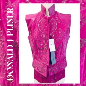 DONALD J PLINER Raspberry Suede Leather ornate Embroidery Bead Vest L NEW Tag
